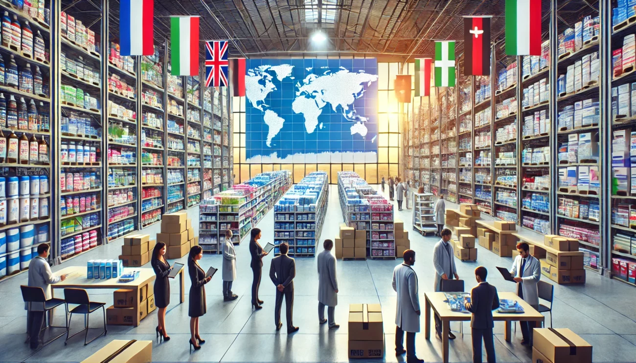 Digital illustration of a global supplier of over-the-counter medicine. The image depicts a large, modern warehouse filled with shelves stocked with various OTC drugs, products, and medications. A diverse group of healthcare providers of different ethnicities are examining the products, highlighting the global distribution. The warehouse features large world maps and flags from various countries, emphasizing its worldwide reach
