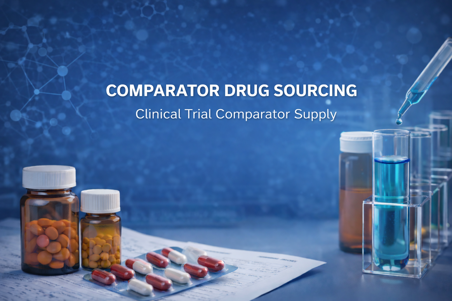 Comparator drug sourcing for clinical trials showing reference medicines, capsules, and laboratory testing supplies