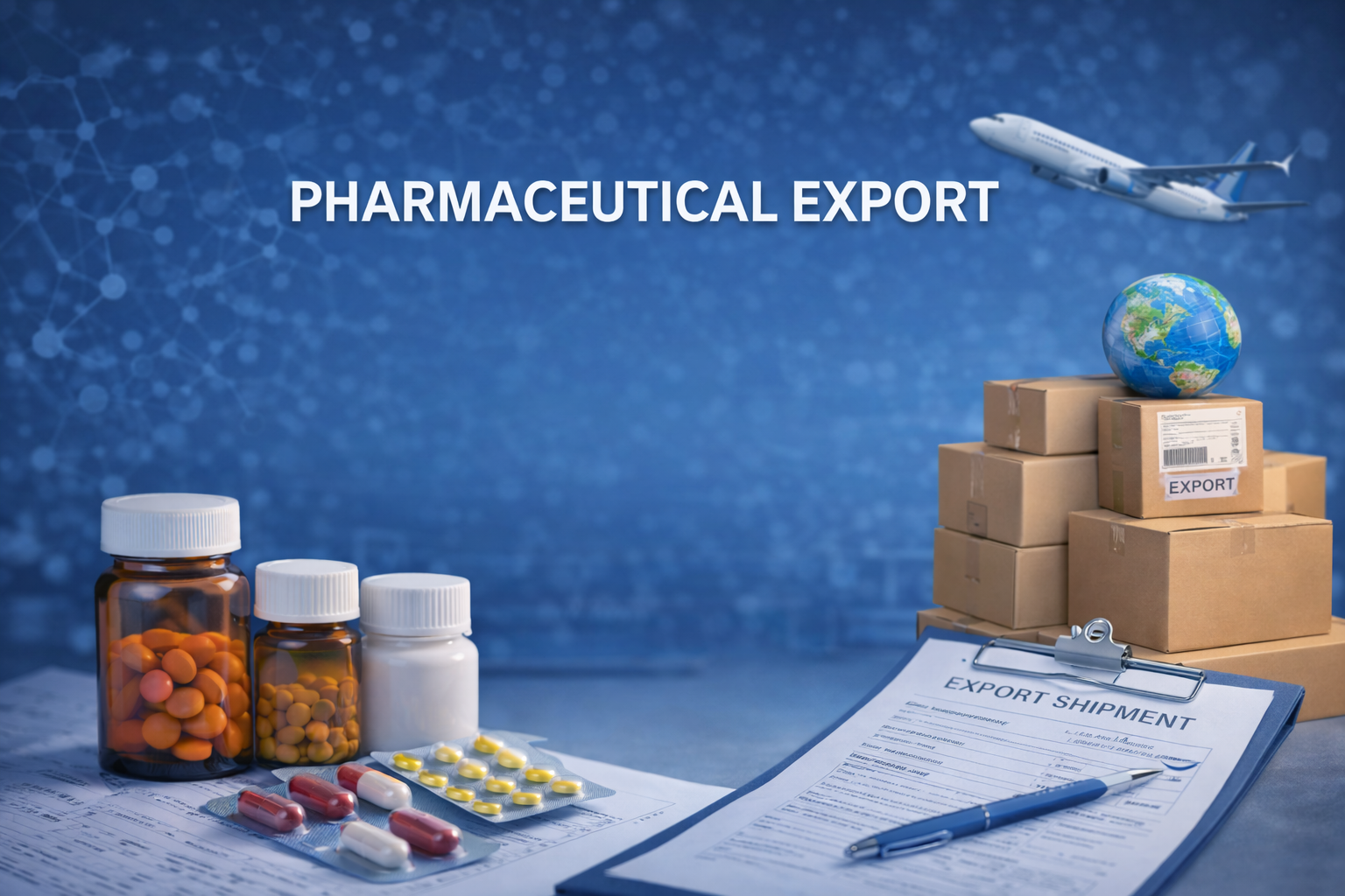 Pharmaceutical export showcasing bulk medicines, export shipment documentation, and global logistics for international pharmaceutical supply.