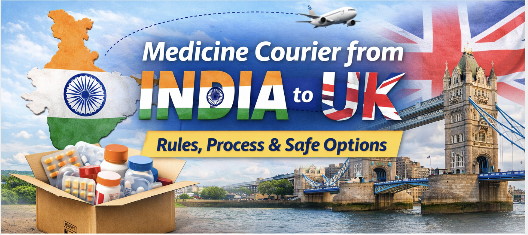 Medicine courier from India to UK showing parcel with medicines and international shipping concept