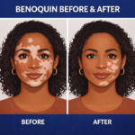 Benoquin cream before and after illustration showing gradual vitiligo depigmentation results on facial skin