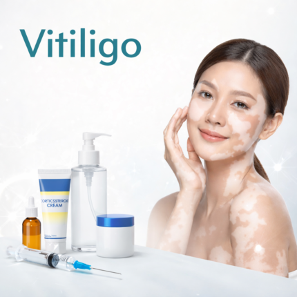 Vitiligo treatment products including creams and dermatology solutions for skin depigmentation